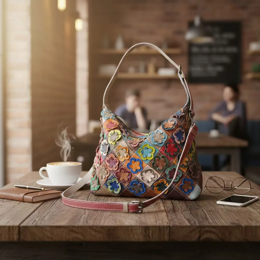 Original Aesthetic Ethnic Retro Genuine Handcrafted Leather Women's Bag Color Block Argyle Floral Shoulder Crossbody Handle Bags