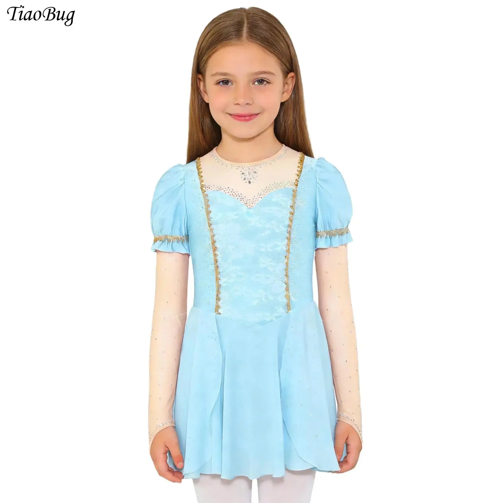 

Rhinestones Ballet Tutu Dance Leotard for Girls Halloween Princess Cosplay Costume Sheer Mesh Patchwork Ruffled Chiffon Dress