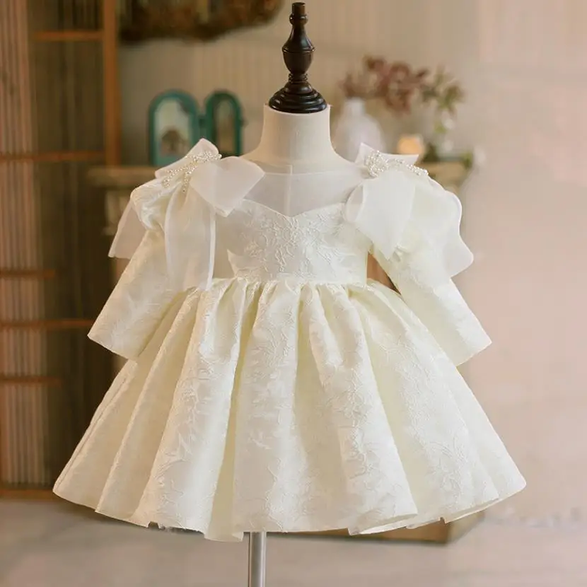 High-End Children's Baptism Princess Evening Gown Bow Bead Design Wedding Birthday Eid Party Dresses For Girls A2281