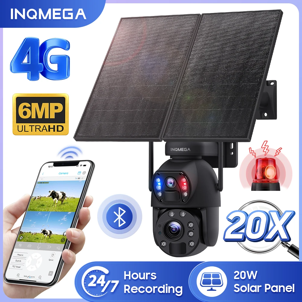 INQMEGA-cámara Solar 4G LTE de 6MP, con Panel Solar de 20W, batería de 20000mAh, cámara de seguridad WiFi, visión nocturna al aire libre, CCTV de movimiento PIR