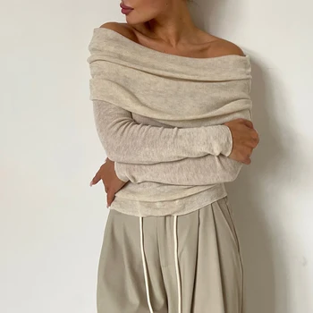 2025 nueva llegada de las mujeres de primavera Sexy fuera del hombro camisetas jerseys elásticos mujeres de manga larga Slim Tops Pull Femme