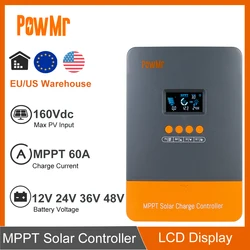 PowMr MPPT Solar Charge Controller 60A 12V/24V/36V/48V Auto LCD Display Solar Panel Regulator for Lithium Battery & Connector