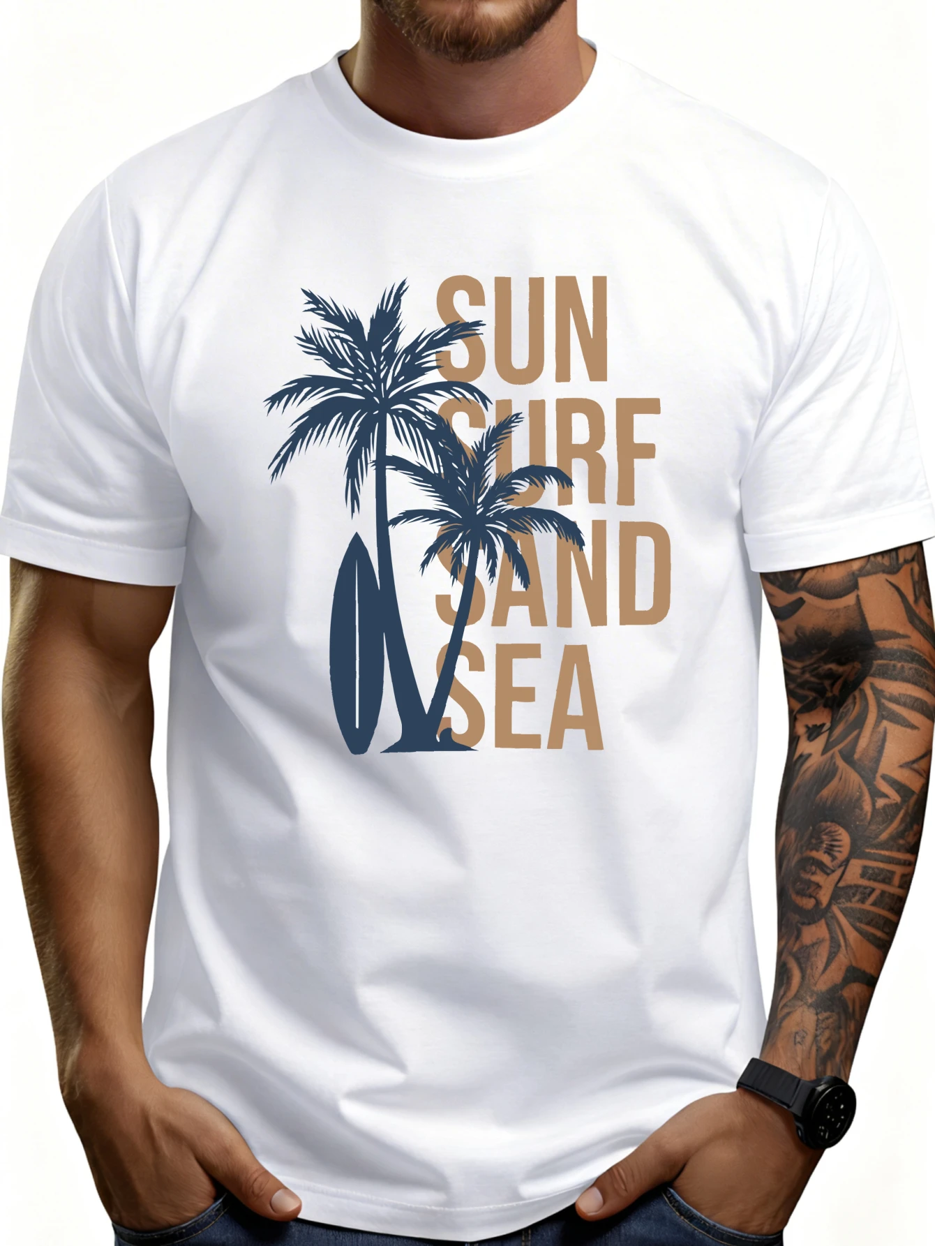 Men's Plain Graphic T-Shirt - Breathable, Soft, Lightweight - Sun, Surf, Beach, Ocean, Palm Trees - Vintage Fun Graphic Casual Short Sleeve Summer Top, Great Gift for Him
