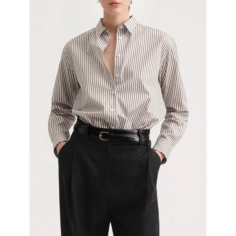 Camicia a righe Northern EuropeTOT per donne inizio autunno 2025 nuova camicia casual da pendolare con colletto rovesciato a maniche lunghe
