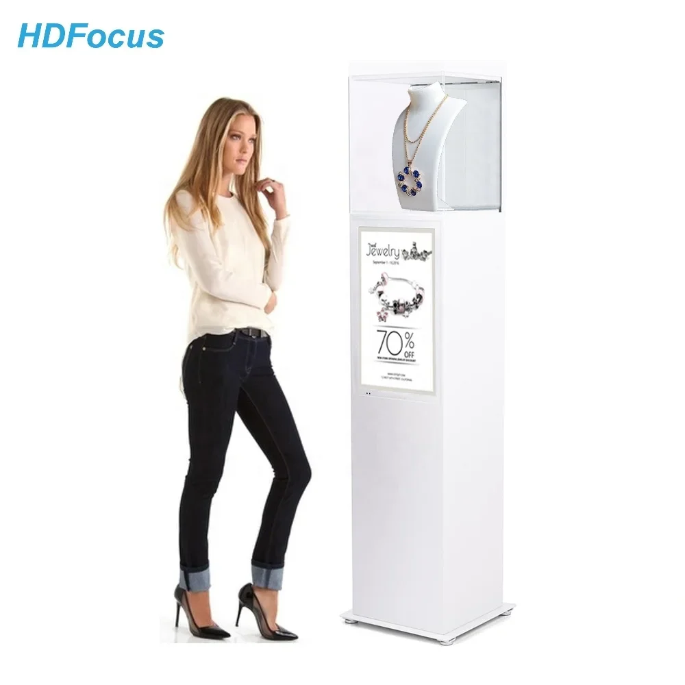 Jewellery Showcase Cabinet Shop Advertising Equipment Dimmable Led Lights Exhibit Pedestal Digital Signage Screen Kiosk