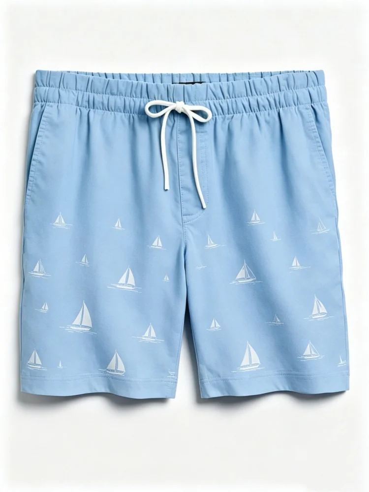 

Men Light Blue Allover White Sailboat Print Drawstring Waist Casual Beach Shorts With Side Pockets