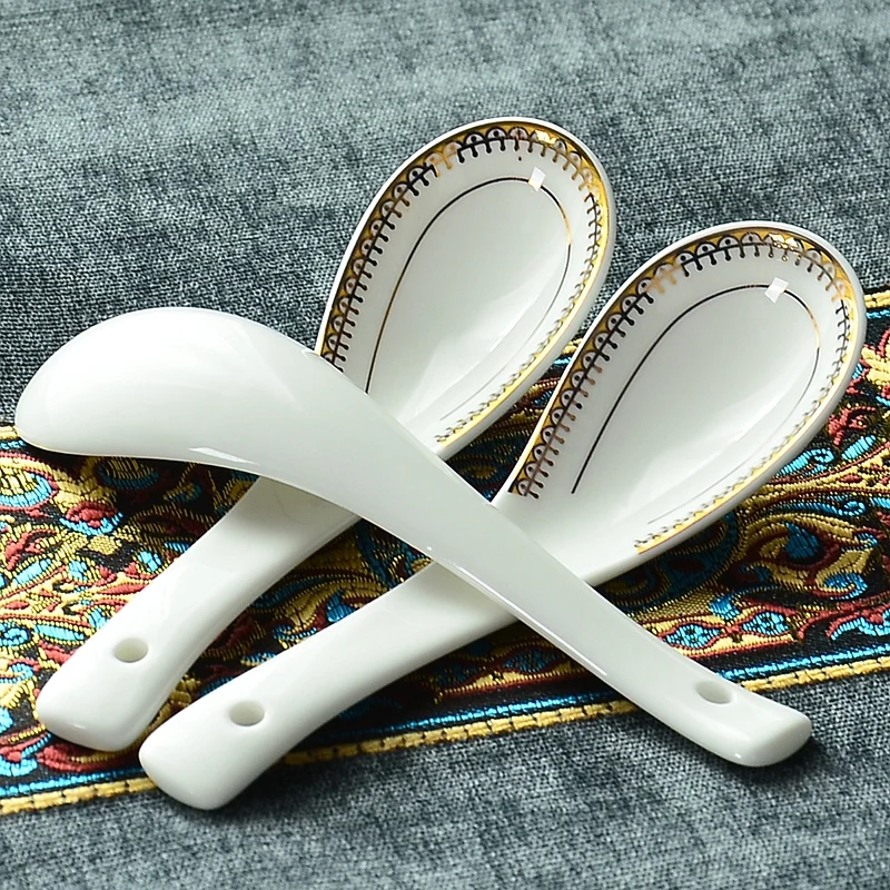 Gold bordered bone china, japanese style dinner dessert spoon, kitchen spoon white, mini ceramic scoop  for dessert