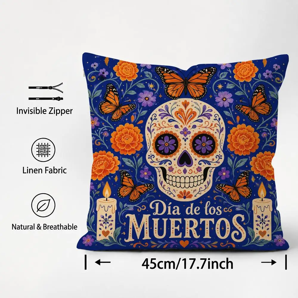 Day of the Dead Dia de los Muertos Cushion Cover Cushion Covers Natural Linen Breathable Sofa Bedroom Decor Pillowcase