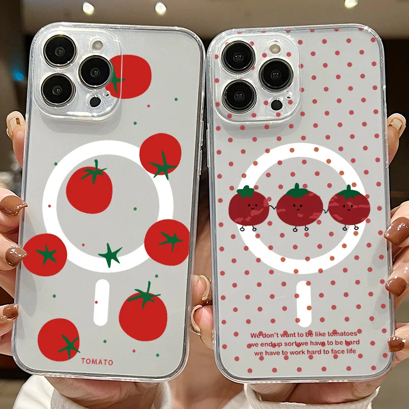 Korean Cute Cartoon Tomato  Magnetic Phone Case for Samsung Galaxy S25 S24 S23 S22 S21 S20 FE Plus Ultra 5G SoftClear TPU