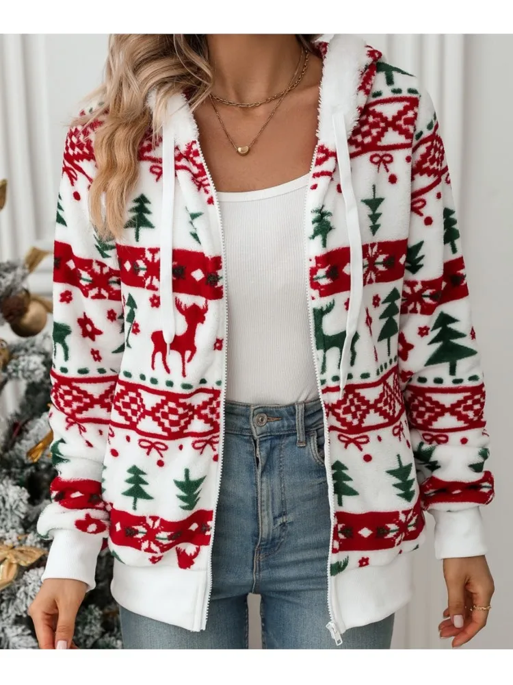 

Christmas Women's Clothing Autumn Winter Fashion Christmas Tree Pattern Zipper Cardigan Jacket Ladies Plush Hooded Hood Jacket
