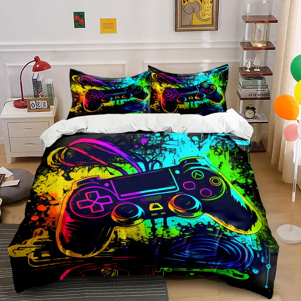 

3Pcs Neon Gamer Bedding Set, Vibrant Graffiti Controller Print Duvet Cover + 2 Pillowcases, Teen Gaming Room Decor