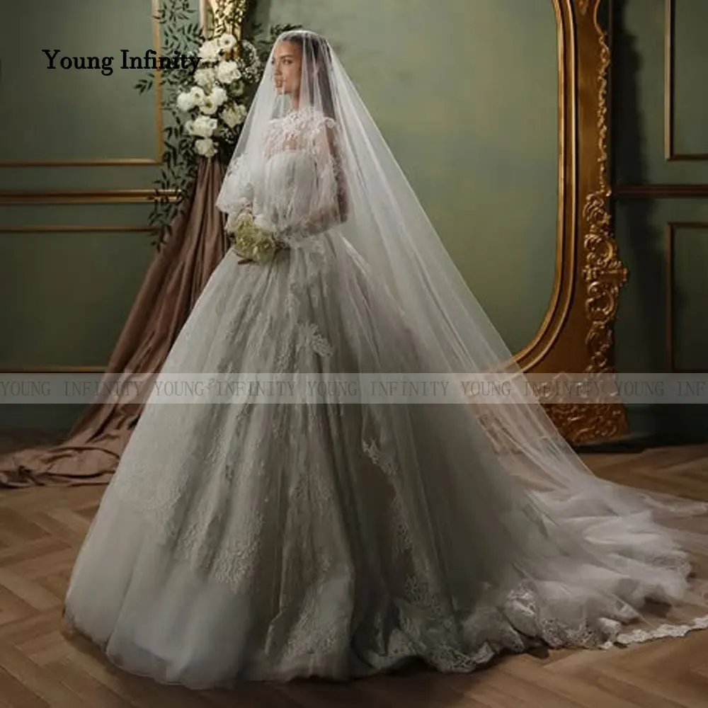 맞춤형 하이넥 긴팔 웨딩드레스 2025 신부 드레스 레이스 코르셋 여성 신부 정장 두바이 스타일 채플 트레인