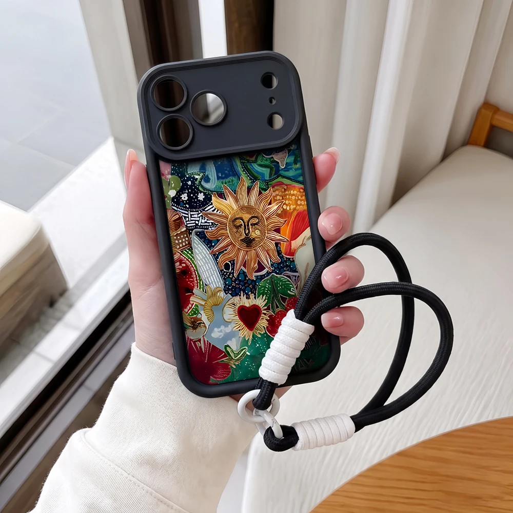 Handyhülle für iPhone 12 13 14 15 16 17 Pro Max 16 15 14 Pro Plus 17E Bohemian Tarot Sun Lanyard Stoßfeste Matte Silikonhülle – Detail 3