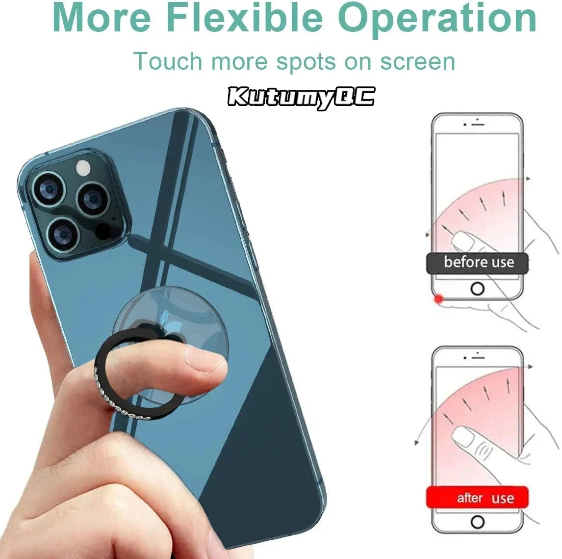 Soporte de anillo de diamante para teléfono móvil, agarre de dedo transparente, rotación de 360 °, Compatible con iPhones