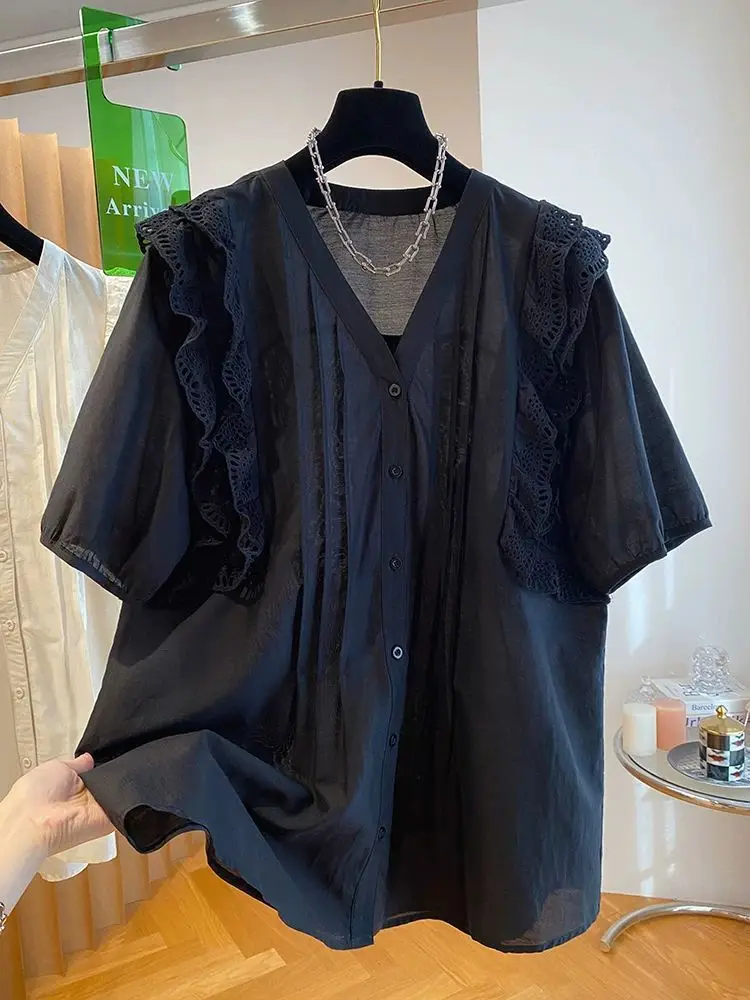 

plus Size Casual irt Jaet Women's ort Sve Spring Summer Faion Retro Hong Kong Sle Lace Splicing Blouse