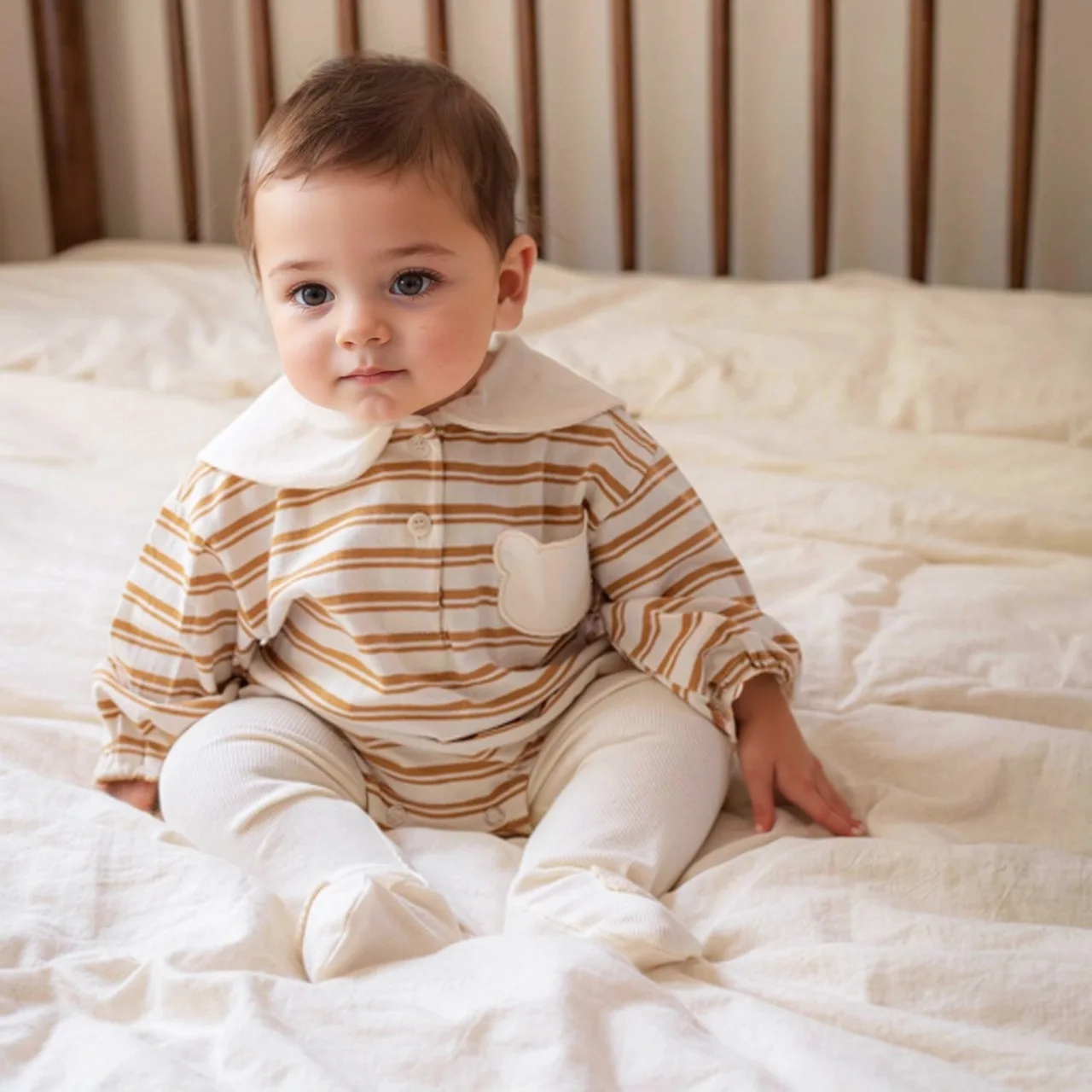 

age 0-1 baby's thin cotton, cute cartoon striped autumn new triangular one-piece clothes