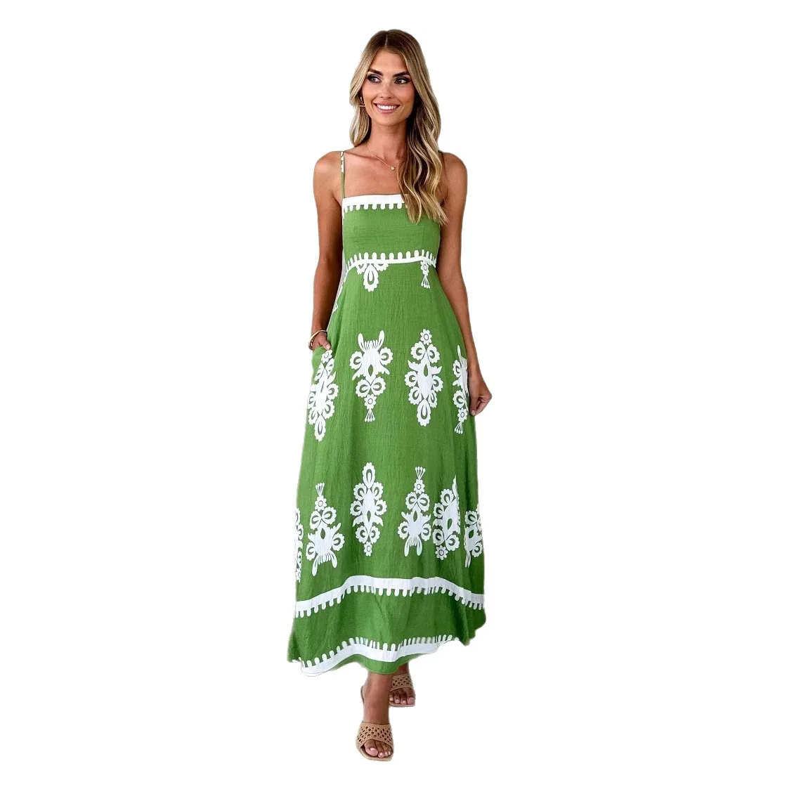 Summer Boho Backless Spaghetti Strap Dress for Women Ethnic Style Slim Fit Sleeveless Casual Holiday Sundress