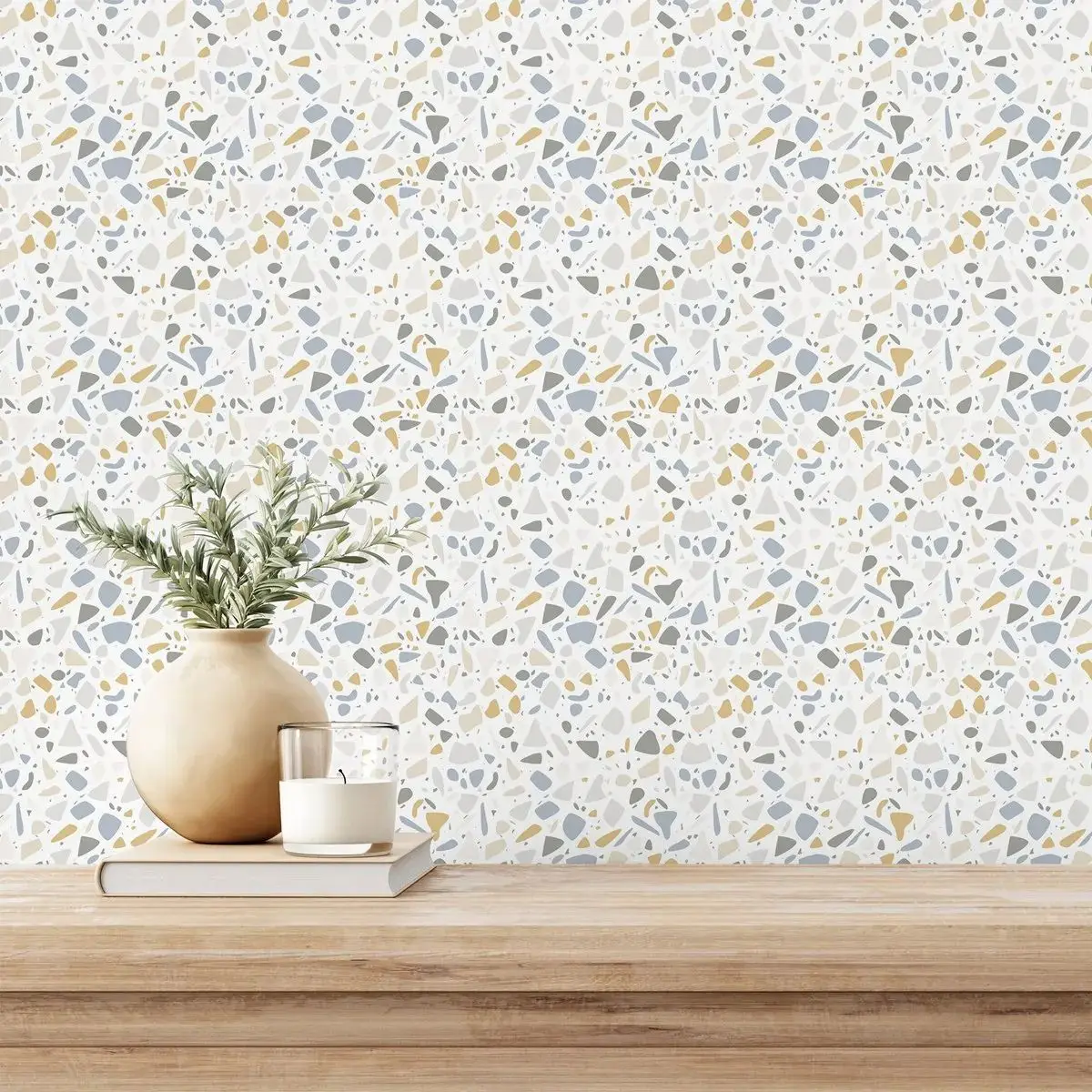 Terrazzo Peel and Stick Wallpaper,Bold Wall Paper For Home Decor, Gray and Yellow Mosaic Wall Mural,Self-adhesive or Traditional