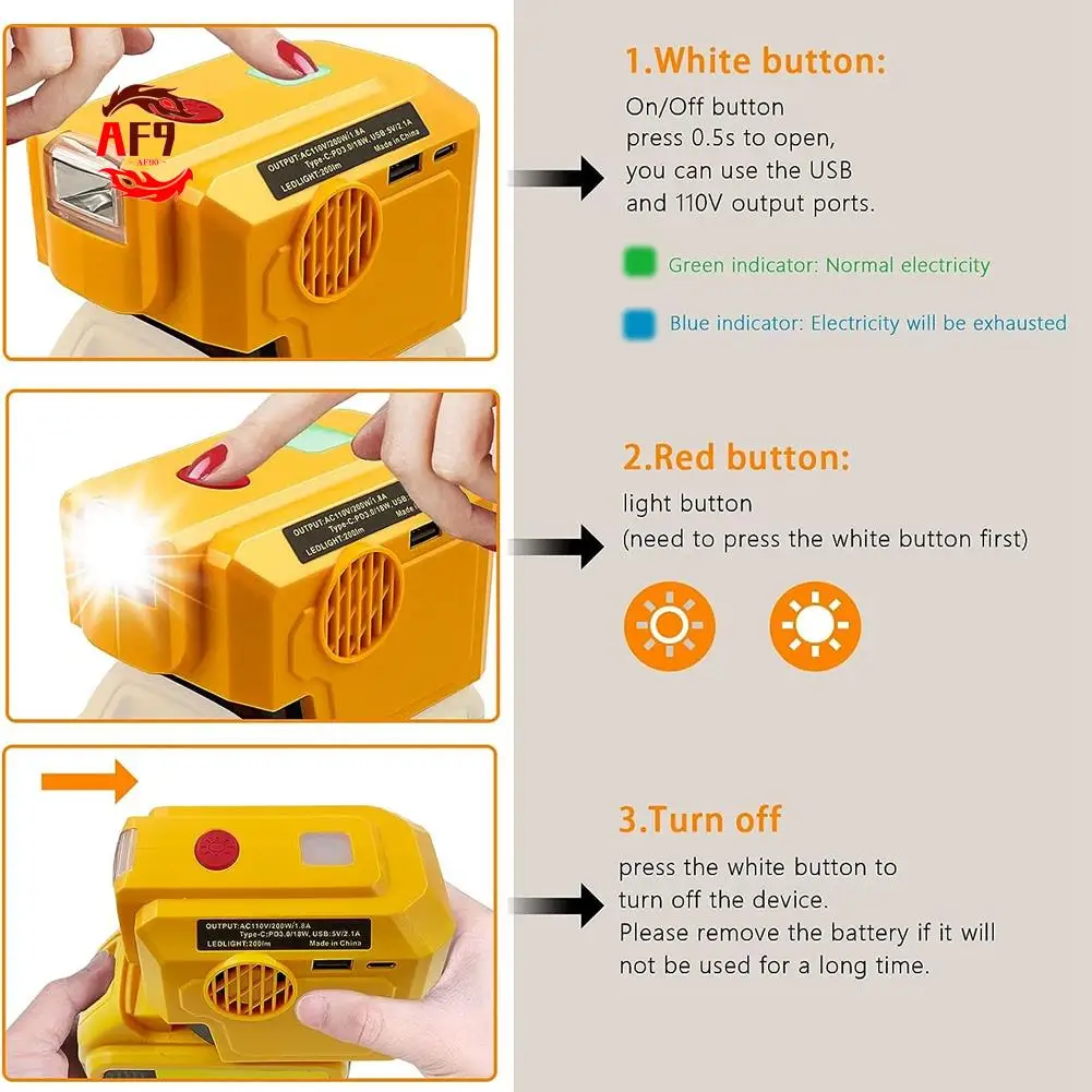 

AF90-200W Power Inverter For 20V Lithium Battery To 110V Portable Power USB Adapter With LED Light Durable