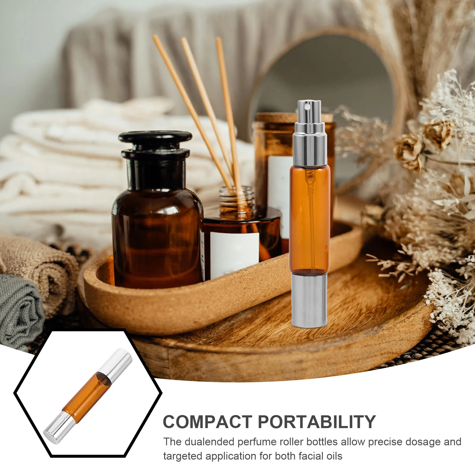 8Pcs Amber Glass Essential Oil Roller Bottles Set 10Ml Dual-Head Leakproof Refillable Perfume Spray Bottles Portable Travel view 3