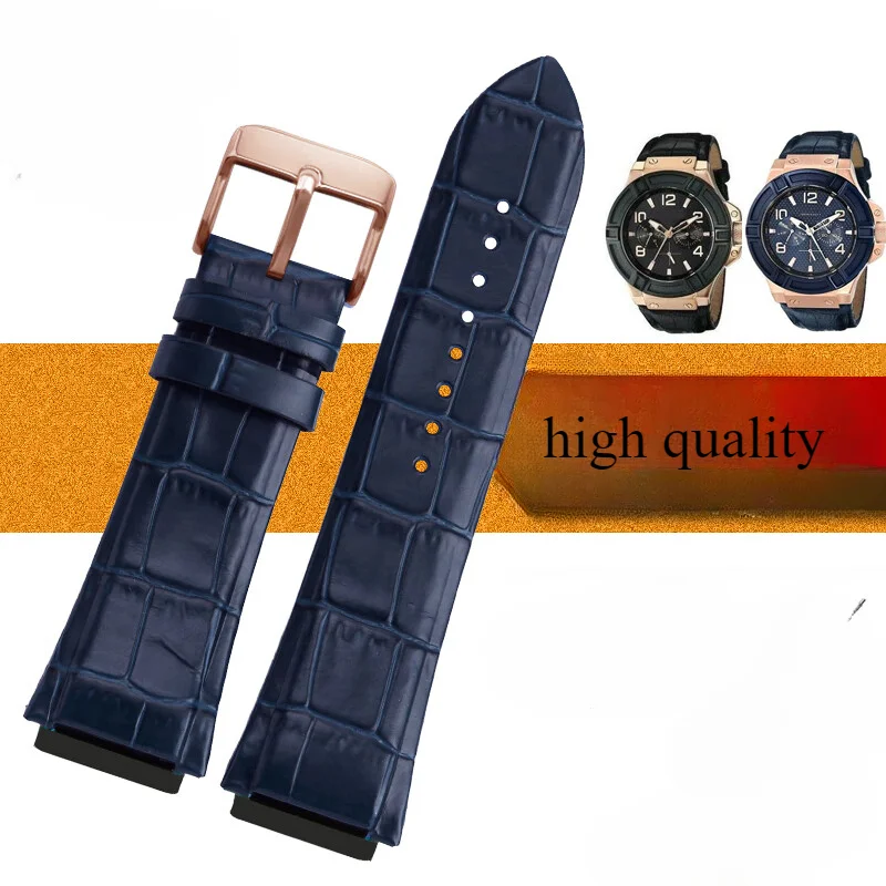 For Guess W0040G1\W0040G2\W0040G3 Series Men's Needle Buckle Blue Rose Gold Buckle 22mm Cow Genuine Leather Watchbands