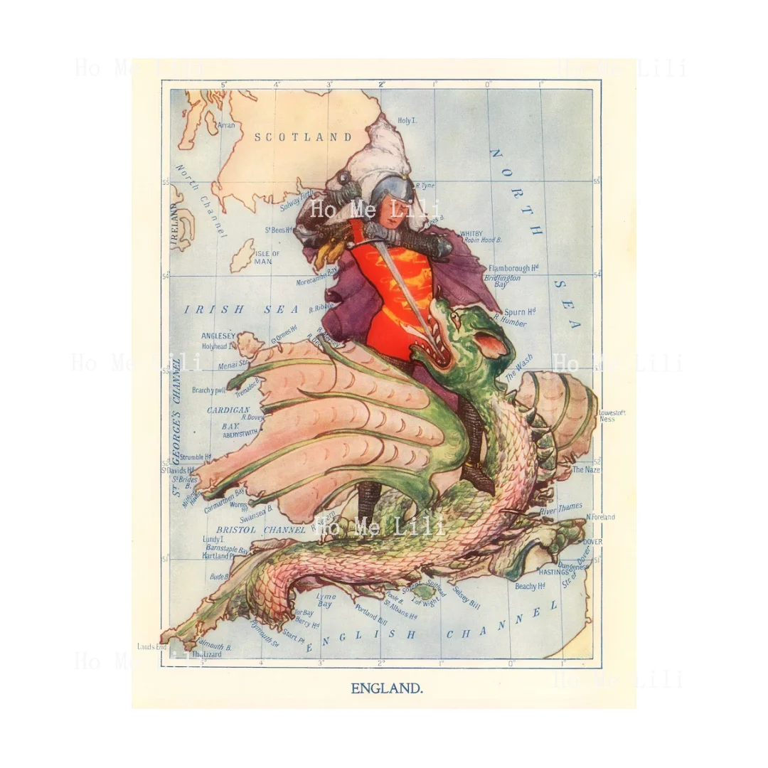 England Vintage Map Of St George Slaying The Dragon Illustration Print Poster