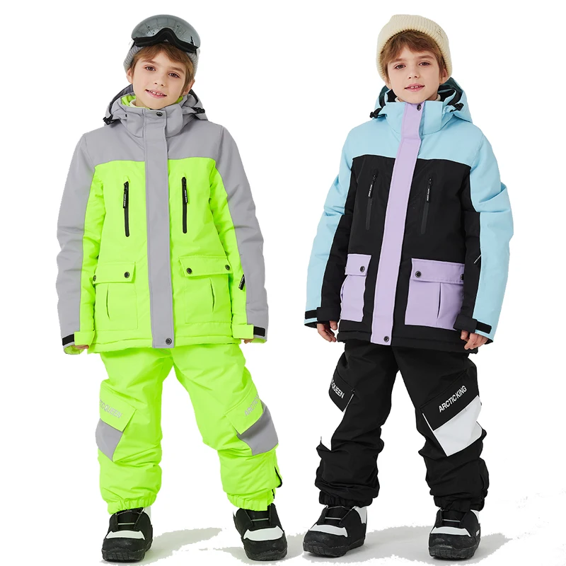 -30, Ski Jacket and Strap Pant for Children, Snow Suit, Outdoor Wear, Winter Warm Costume, Snowboarding, Winter, Boy's or Girl's