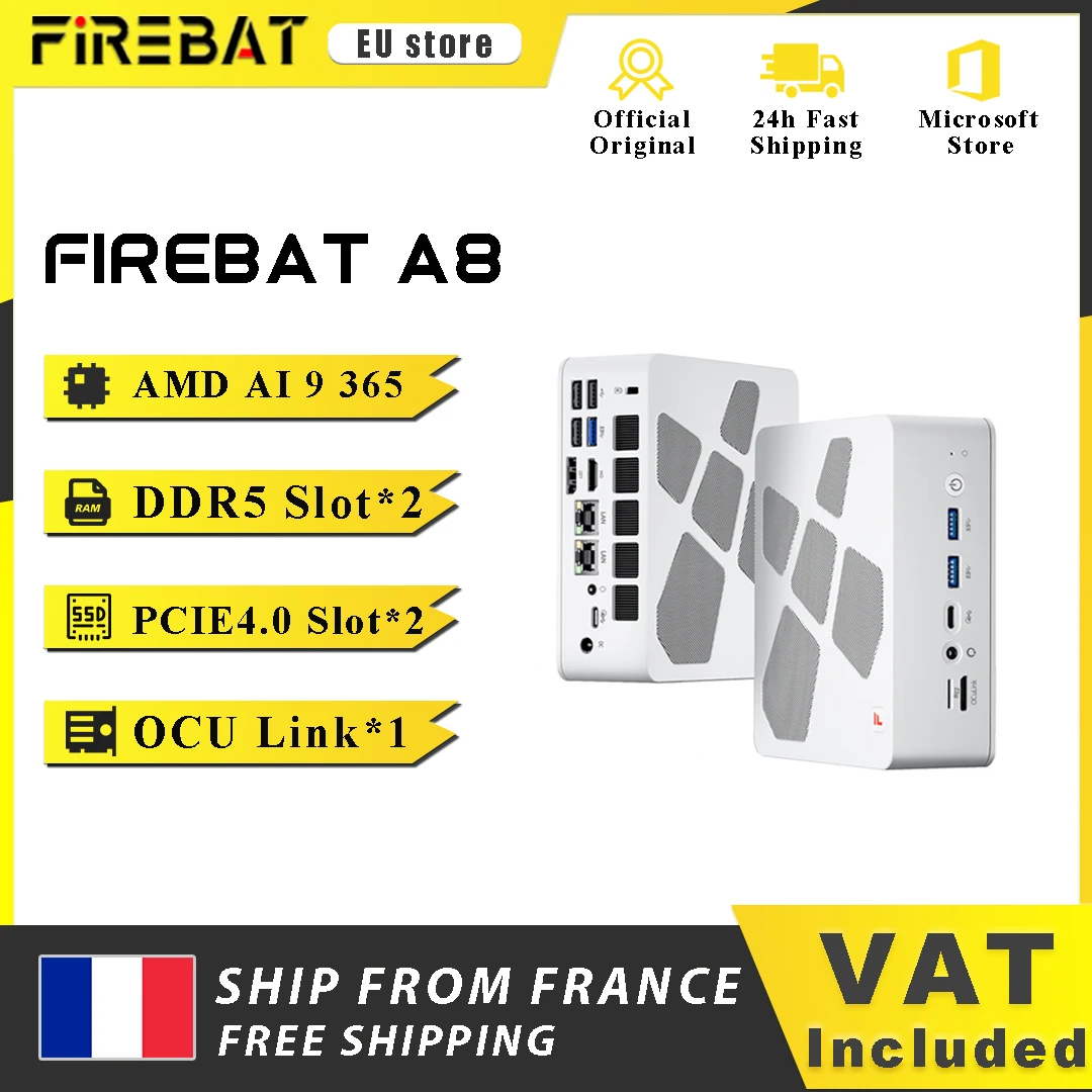 Firebat A8 Mini PC AMD Ryzen AI 9 365 DDR5 RAM M.2 SSD USB4*2 DDR5*2 PCIe4*2 Windows11 Pro Ordinateur de bureau de jeu WiFi6 OCuLink