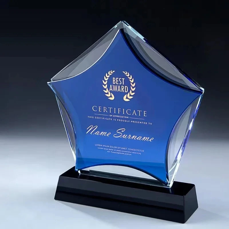 Custom Blue Five-Pointed Star Crystal Trophy Excellent Staff Award Souvenir Honor Certificate Award Cup Home Decoration
