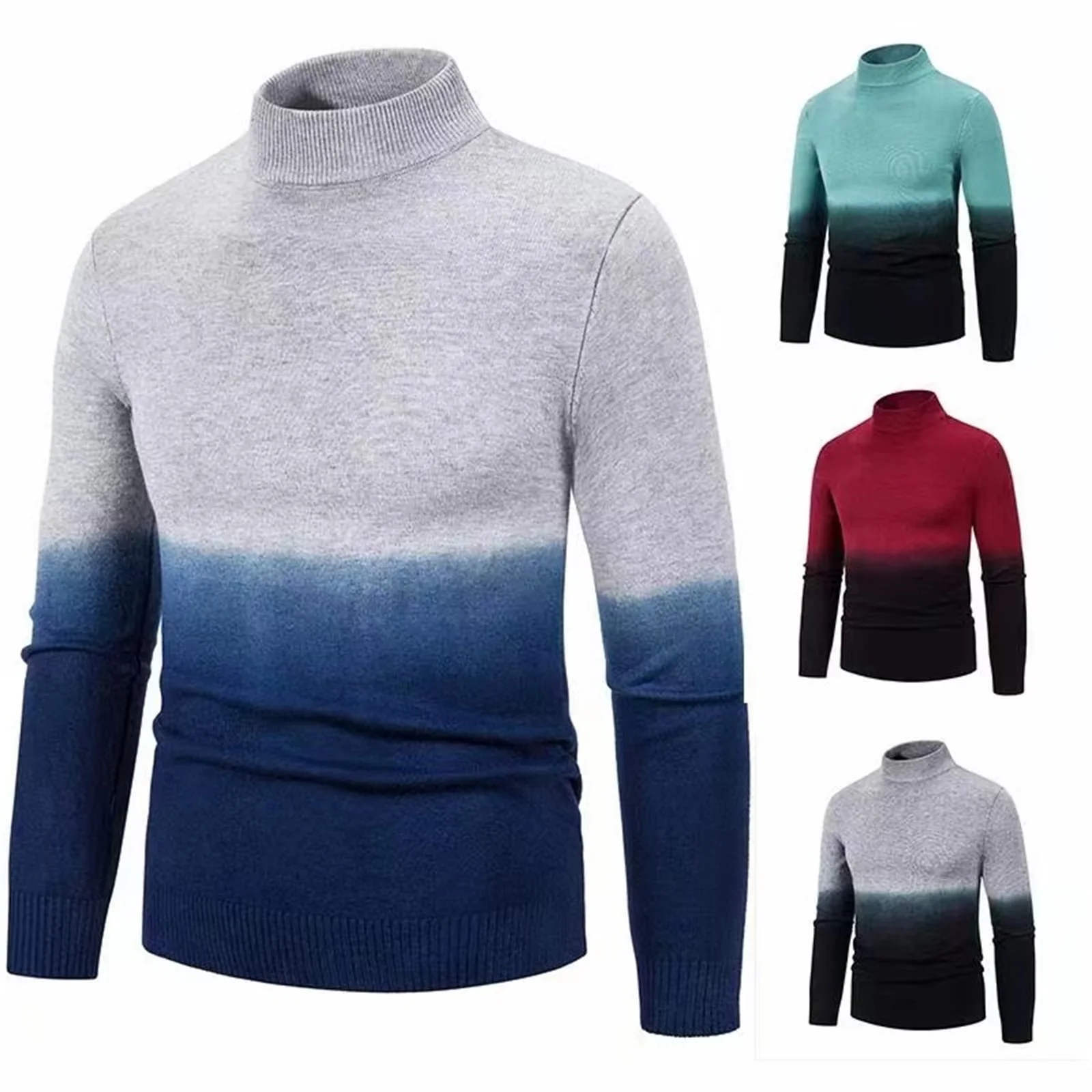 Men Knit Sweater Pullover Autumn Winter Casual High Collar Long Sleeve Outdoor Knitted Wool Tops Gradient Sweater Knitwear