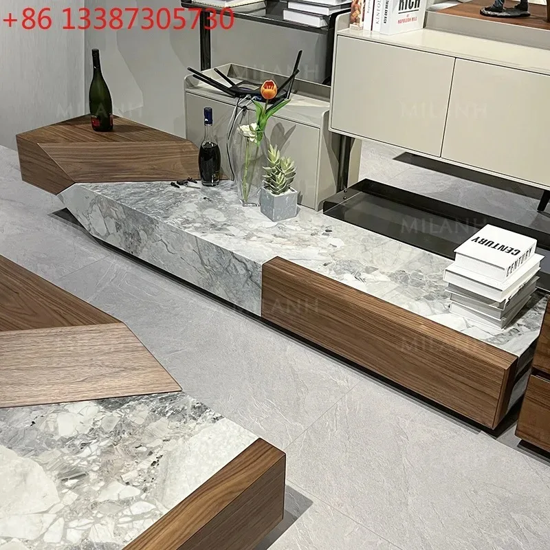 

Italian minimalist natural marble TV cabinet modern living room floor cabinet