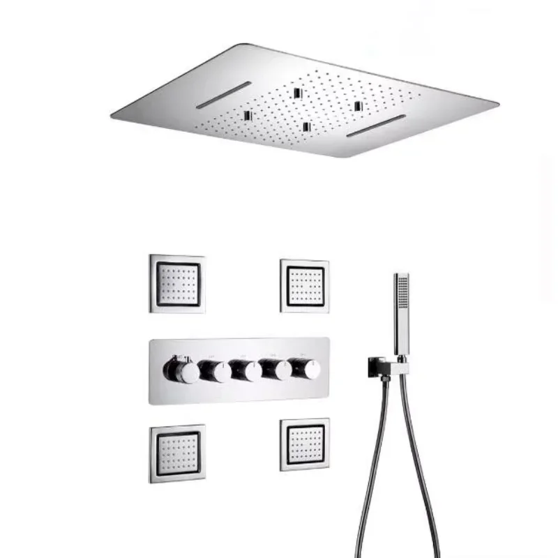 

Bathroom Rainfall Shower Set 480*590mm Embedded Ceiling Rain Showerhead Set Thermostatic Diverter Valve with Massage Body Jets