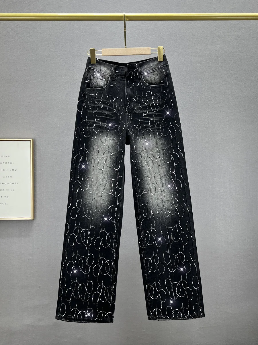 

Женские джинсы с высокой талией и широкими штанинами, новинка осени 2024, свободные, стройнящие, с декоративной отделкой, длина в пол