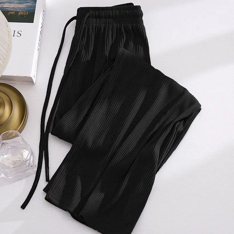 Drape cor sólida pit strip cintura alta perna larga calças femininas primavera coreano cordão solto casual calças retas jj169