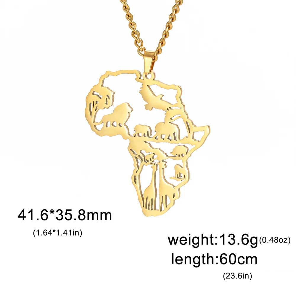 My Shape Afrika Kaart Leeuw Olifant Aap Giraffe Hanger Kettingen Mannen Vrouwen Roestvrij Staal Dier Ketting Ketting Afrikaanse Sieraden