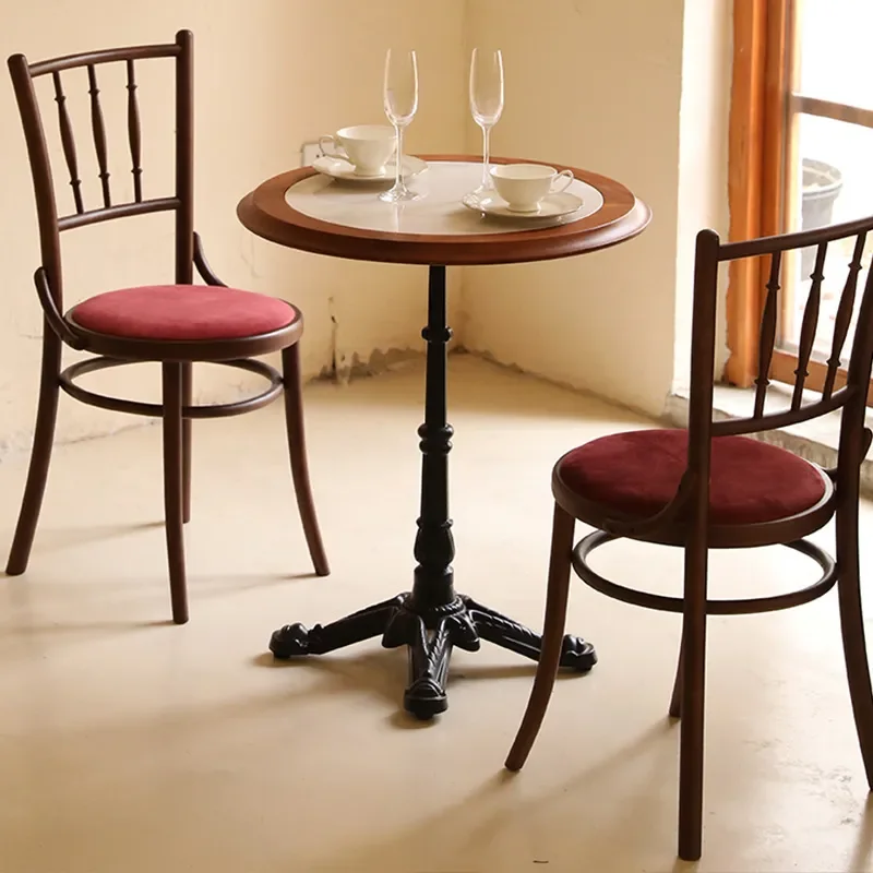 French Medieval Solid Wood Coffee Table with Rock Slab Top American Retro Small Round Dining Table for Restaurant Dessert