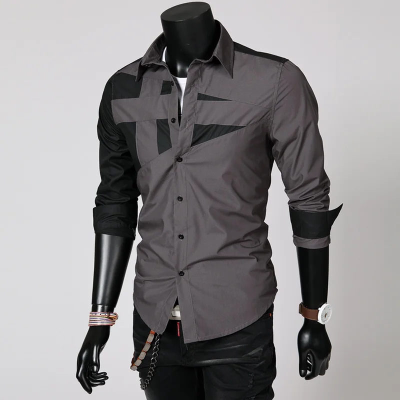 

Spring New Men's Slim Fit Long Sleeve Shirt Color Block Collar Casual Shirt Youth Trend Standard Fit Artistic Style Spring Wear