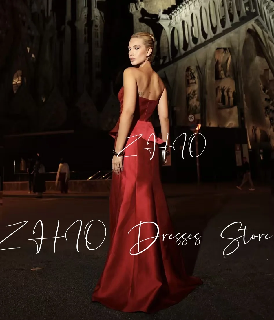 ZHIO เดรสสีแดงเข้มหรูหรางานแต่งงานชุดเดรสเกาะอกเดรปเอ-ไลน์ความยาวพื้นผ้าแพรแข็งชุดราตรีอย่างเป็นทางการที่กำหนดเอง