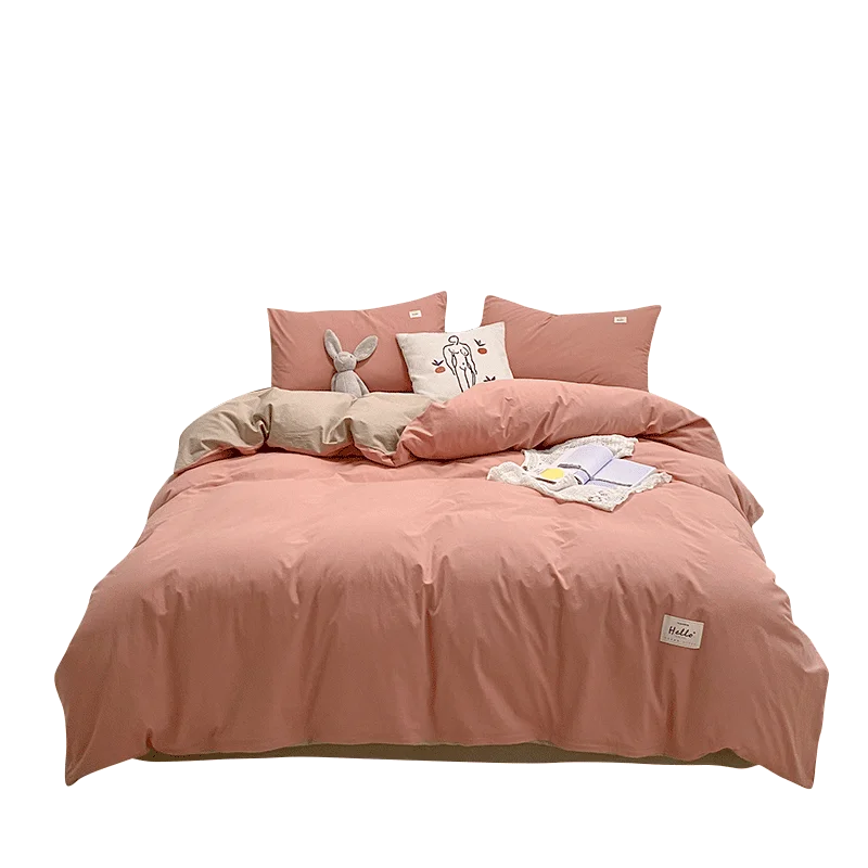 Simple Cotton Four-Piece Set 100 All Cotton Washed Cotton Bedding Fitted Sheet and Bed Sheet Three-Piece Set Spring and Autumn