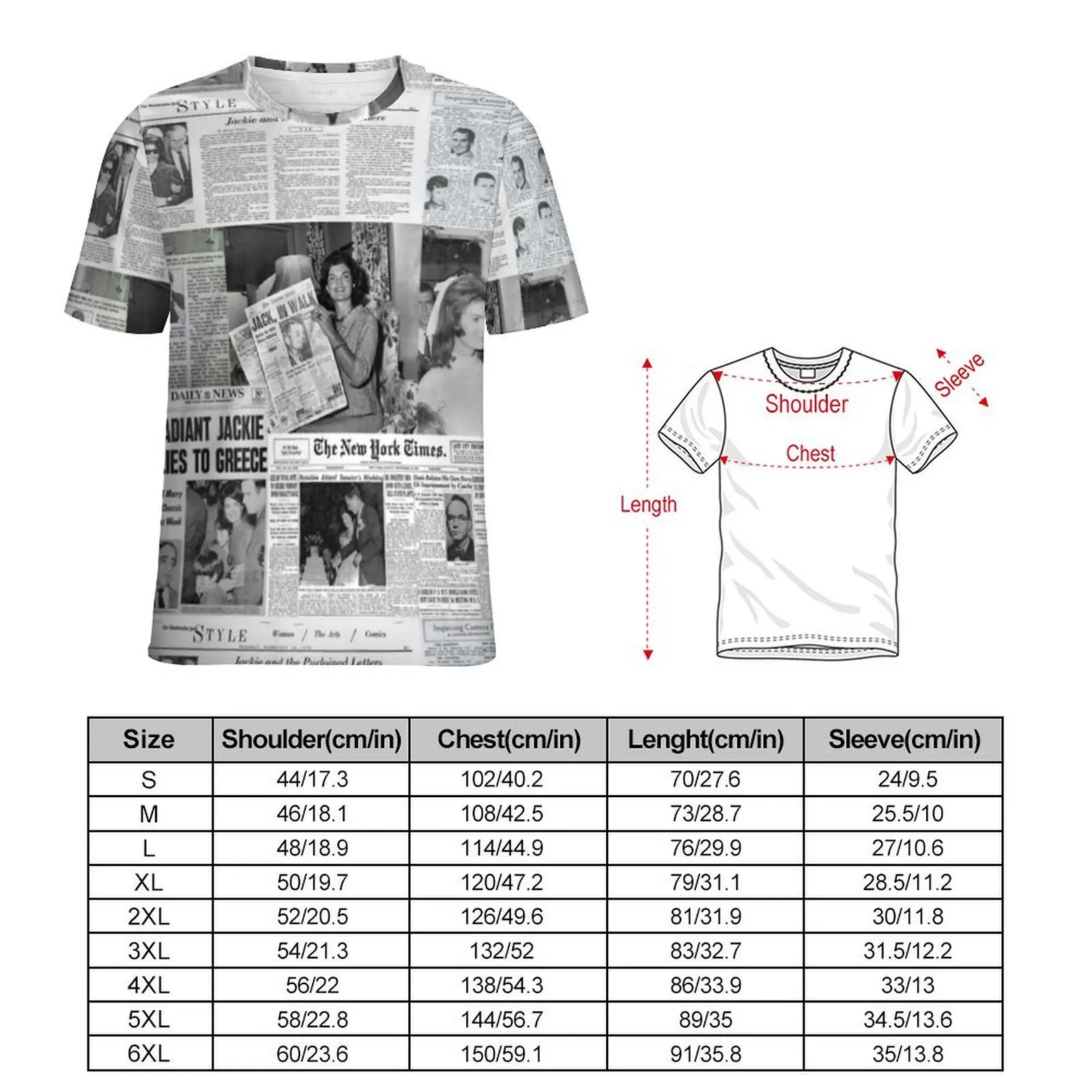 Newspaper Collage T Shirt For Couple Jackie Kennedy Graphic O Neck T-Shirts Summer Hippie Tops Short-Sleeve Plus Size Tee Shirt