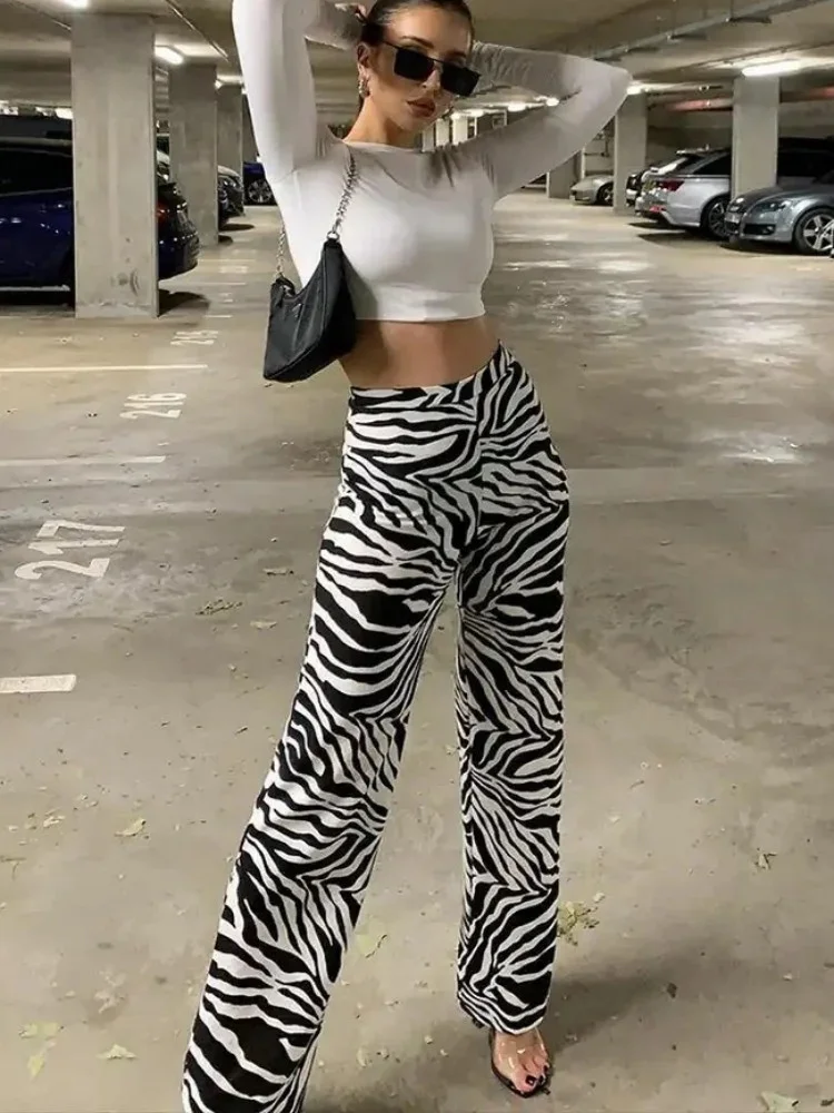 Zebra Print Wide Leg Pants Trousers Sexy High Waist Spring Autumn Women New Fashion Casual Female Trousers Streetwear