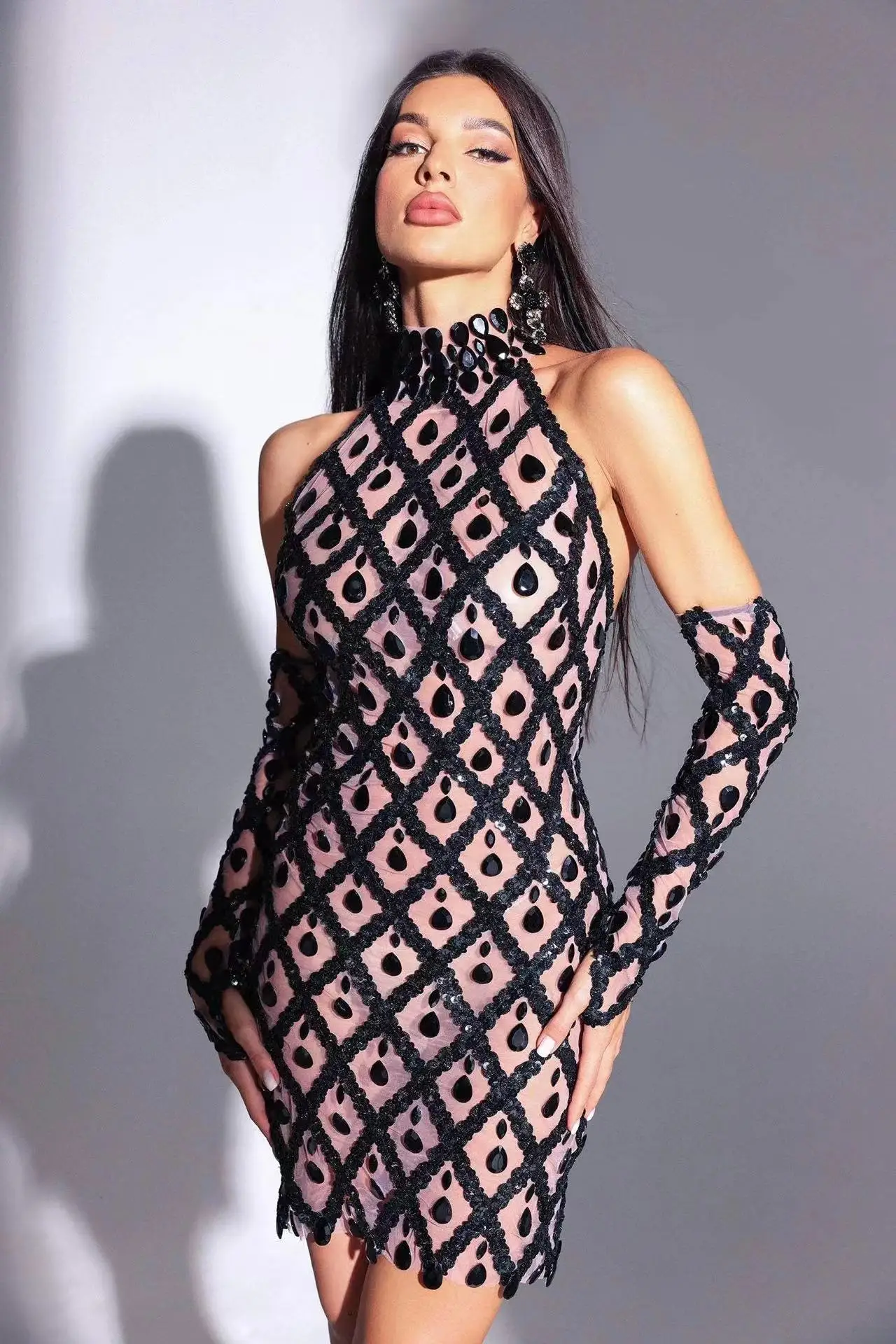 Vestido ajustado de encaje de malla con borlas personalizado, guante de manga corta de alta elasticidad transparente, vestido Sexy para fiesta, actuación en escenario, nuevo