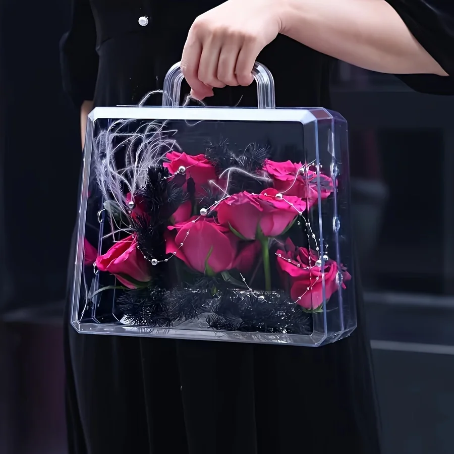 

Acrylic Handheld Flower Vase Box, Transparent Floral Gift Case with Lid, Portable Basket for Centerpieces and Birthday Gifts, We