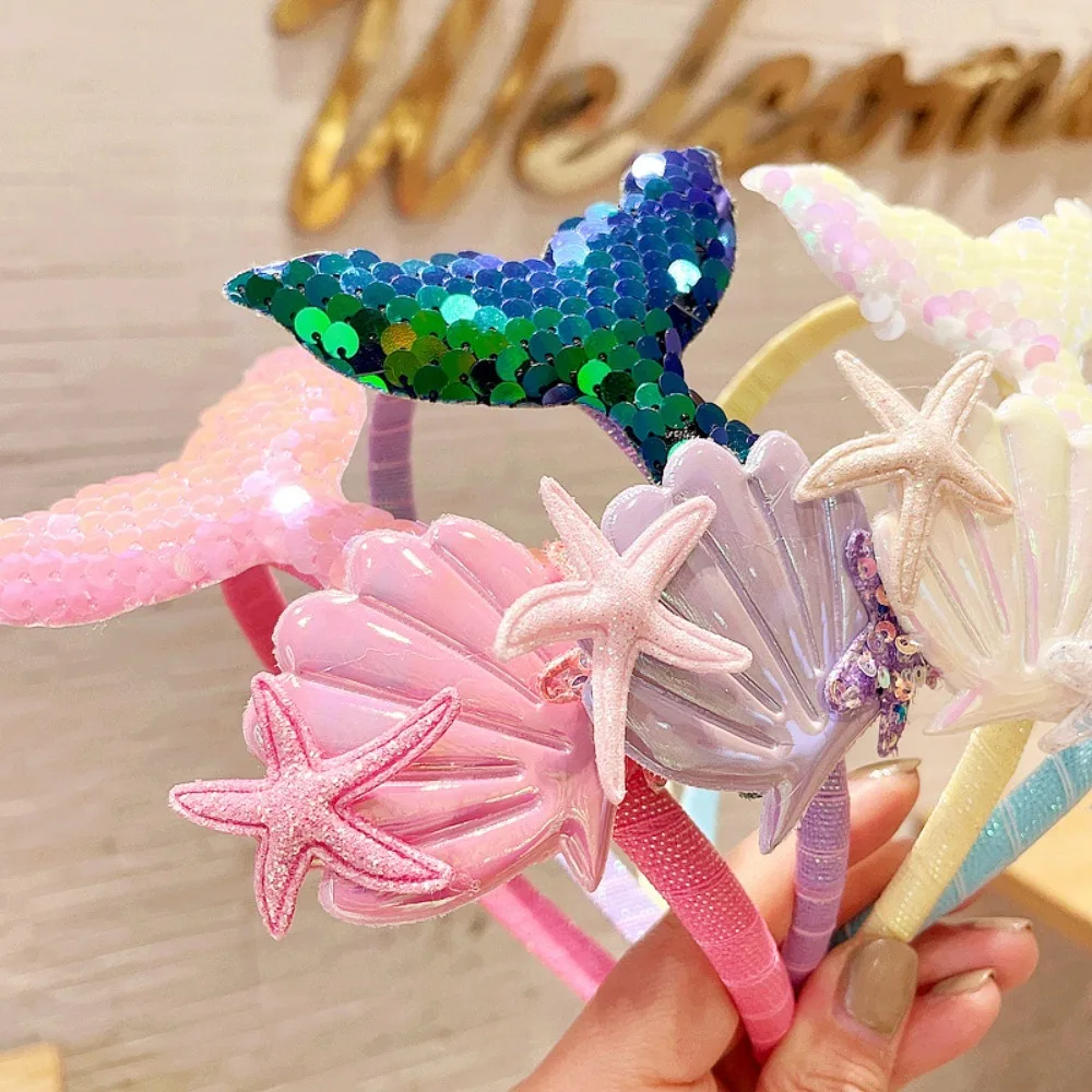 Cartoon Mermaid Children Headband Cute Thin Hair Hoop Starfish Shell Princess Laser Sequin Hairband Women Girl Hair Accessory view 3