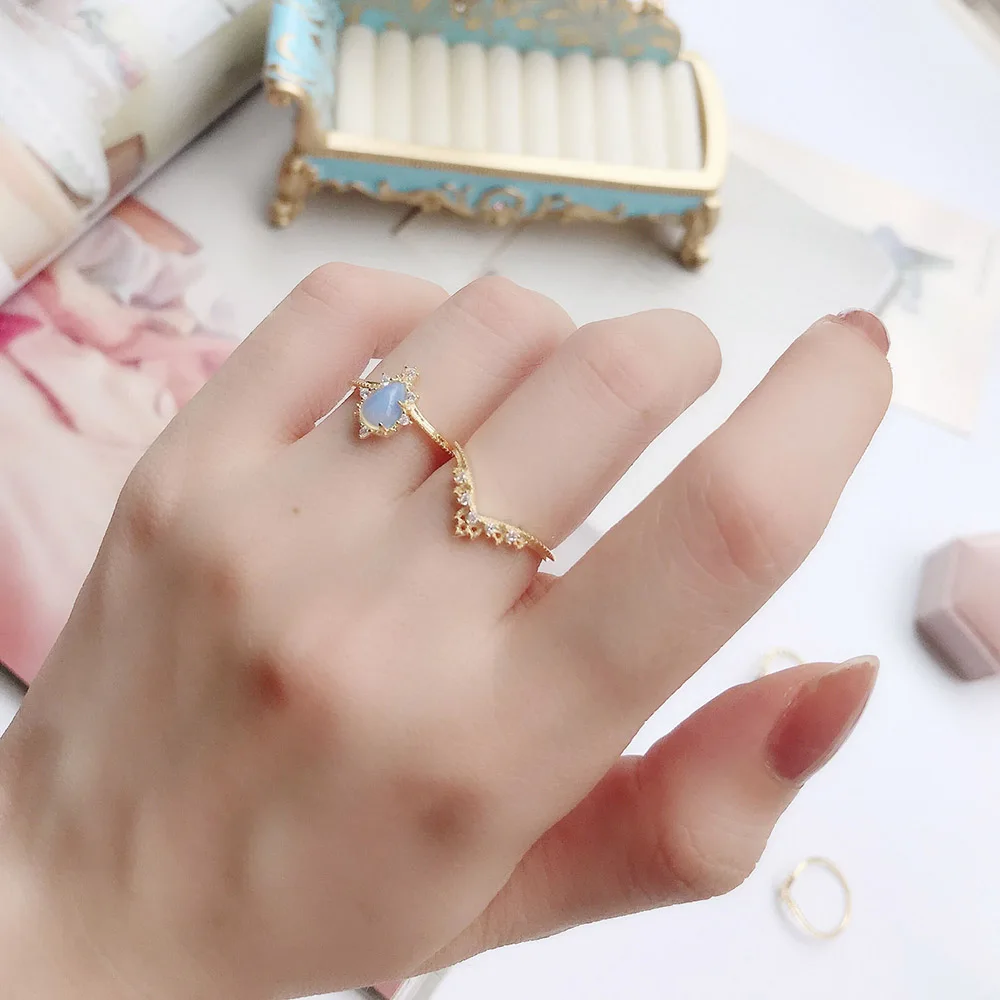 LAMOON 925 Silver Ring Water Drop Synthesis Opal Vintage Crowm Lace Zircon 14K Gold Plated Fine Jewelry Cocktail Party LMRI101