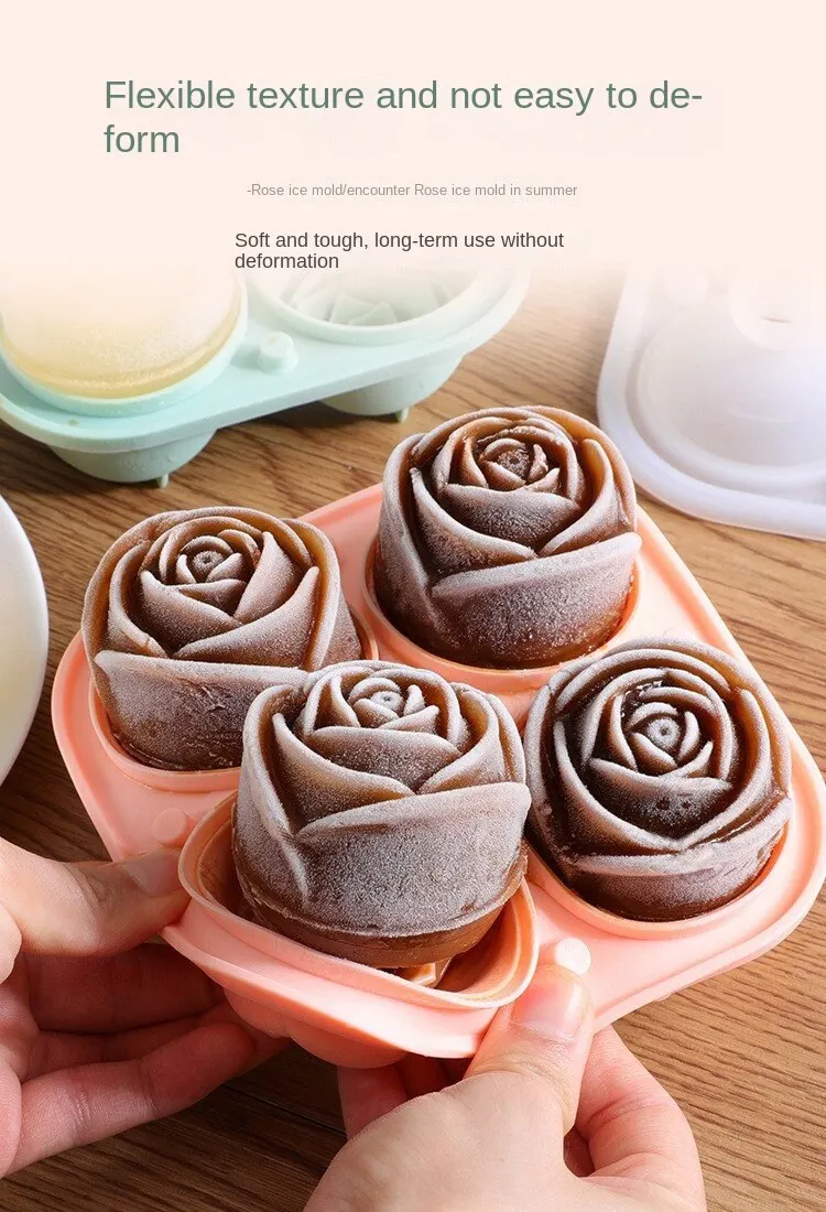 3D Rose Ice Molds 4 Holes Ice Cube Tray Mold Flower Shape Silicone Ice Mold Ice Ball Maker Bar Ice Cube Maker Tool