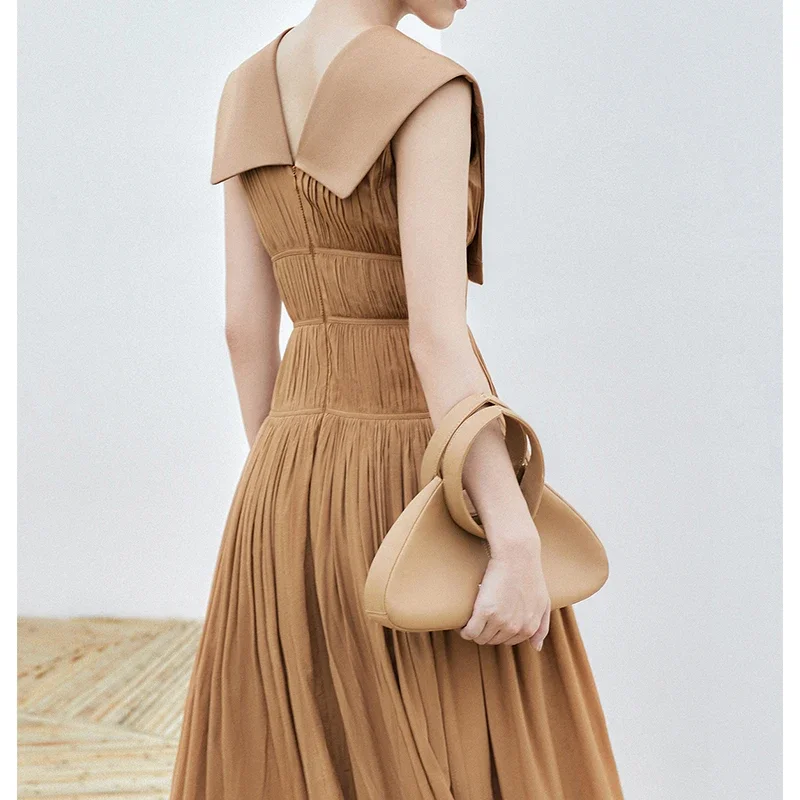 Vintage V Neck Dress Lady Sleeveless Elegant Pleated Clothing Women High Waist Sleeveless Summer Evening Vestido Luxury