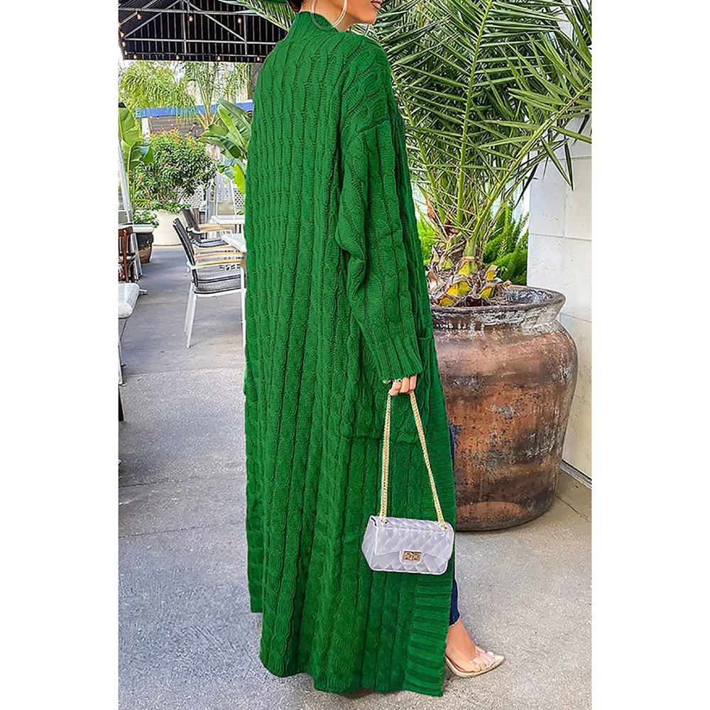 Cardigans verde manga longa com bolsos, camisola de malha casual, tamanho positivo, manga longa