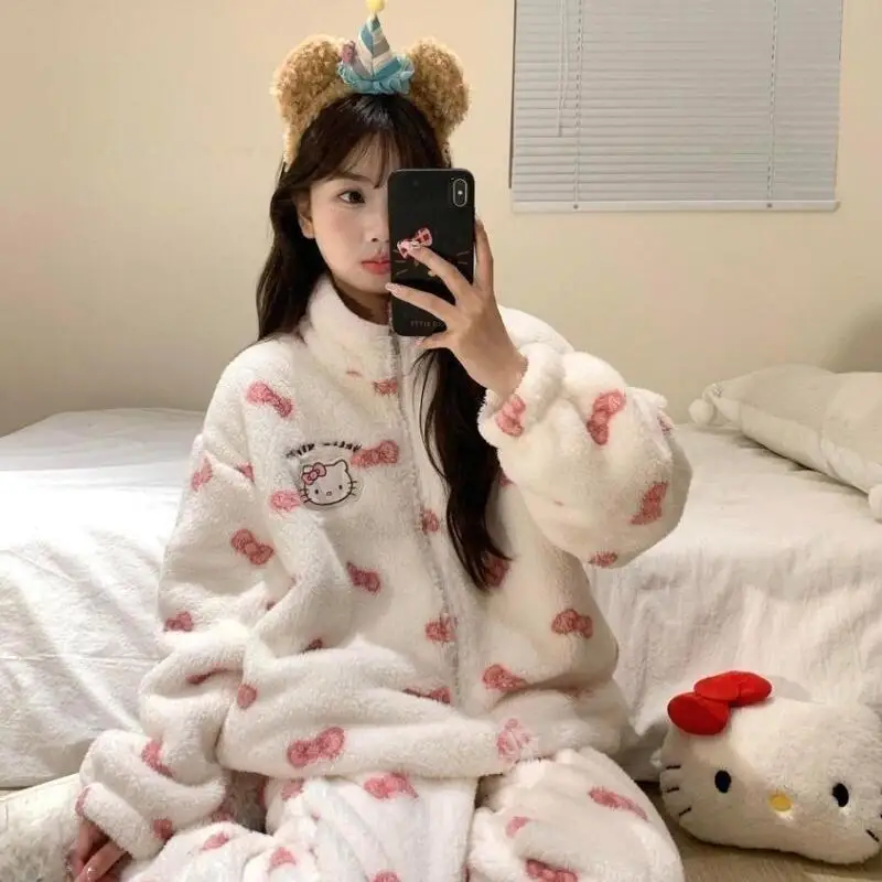 

Hello Kitty Women Pajamas Set Flannel Coral Fleece Winter Warm Thick Plush Cute Sweet Sanrio Girl Homewear Sleepwear Loungewear