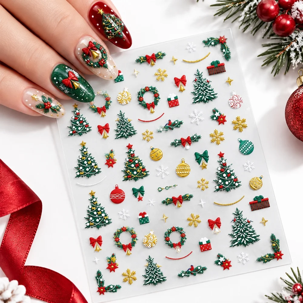 1Pc Cozy Cabin Nail Stickers Warm Comfort Hot Cocoa Sock Bow 5D Embossed for Winter Home Relaxing Christmas Manicure Art Decor